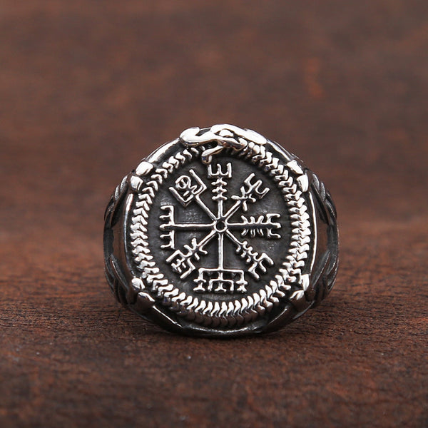 Stainless Steel Vegvisir(Viking Compass)/Ouroboros Ring