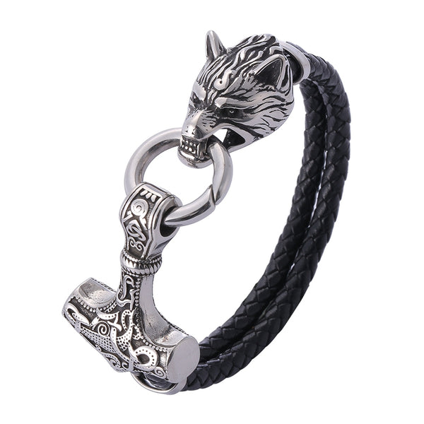 Stainless Steel/Leather Mjölnir/Wolf Bracelet